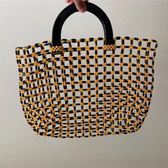 Vintage Handbags - Vintage 1960s Black Amber Hand Beaded Top Handle Bag Mod Purse Retro Large Tote